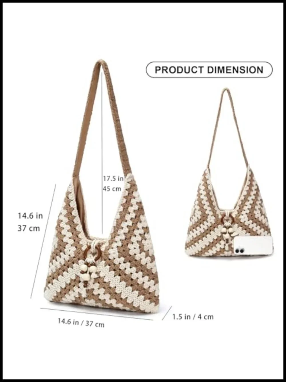 Handmade Crochet Bohemian Beach Shoulder Bag for Women, Woven Tote with Wooden